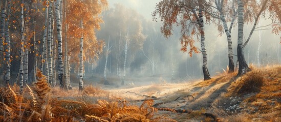 Poster - Scenic hill in autumn morning mist with a birch forest perfect copy space image