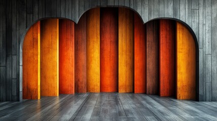 Wall Mural - A large, empty room with a wooden archway and a series of wooden panels