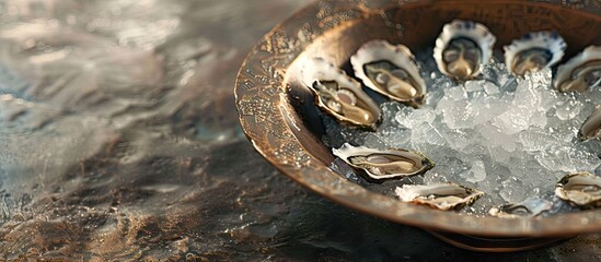 Poster - Bronze plate with ice showcasing fresh oysters copy space image