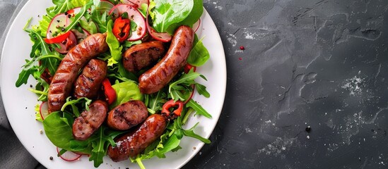 Aufkleber - Sausage with salad served as an appetizer on a white plate with space available for copy in the image
