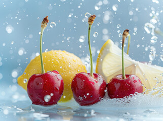 Wall Mural - Water splashing on cherries and lemons