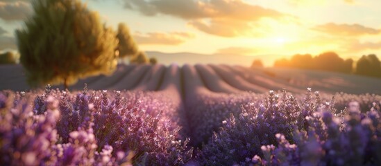 Canvas Print - Eco farming of lavender with a serene lavender landscape illuminated by the summer sunlight in the background creating a picturesque scene for a copy space image