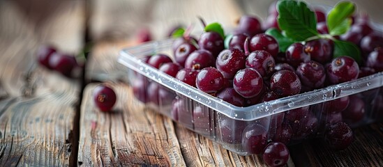 Poster - Chokeberry displayed in a plastic box on a wooden table with ample copy space image