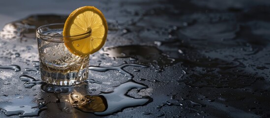 Poster - Tequila shot with lemon slice on a dark backdrop suitable for copy space image
