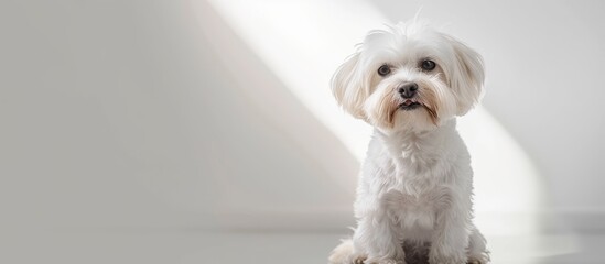 Poster - Maltese dog sitting and panting gazing at the camera against white background with copy space image