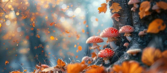Poster - Autumn forest scene with mushrooms growing on a tree with copy space image