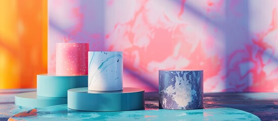 Canvas Print - Various pedestals showcasing different items for a product photoshoot on a colorful background with space for text or logos in the image. Copy space image. Place for adding text and design