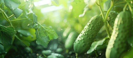 Poster - Fresh organic cucumbers being grown with a close up view showing vibrant green vegetables ripening in a greenhouse with copy space image