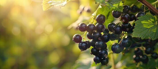 Poster - Focus on the black currant berries with a fruited bush in the background set against a blurred background creating a shallow depth of field in the copy space image