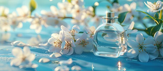 Sticker - Closeup of a perfume bottle with an aromatic scent alongside lovely jasmine blossoms on a light blue backdrop ideal for adding text in the copy space image