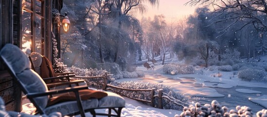 Poster - Chilly winter morning with snow covered landscape and a cozy atmosphere perfect for relaxing includes copy space image