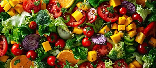 Poster - Vegan salad featuring a colorful assortment of fresh vegetables aromatic herbs and succulent mango chunks displayed in a vibrant setting with copy space image available