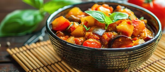 Poster - Close up image of stewed eggplant and tomato dishes on bamboo mat with shallow depth of field ideal for copy space image