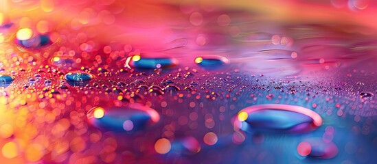Poster - Vivid droplets of liquid on sleek shiny surface with colorful fading brightness towards the base displaying beautiful hues in copy space image