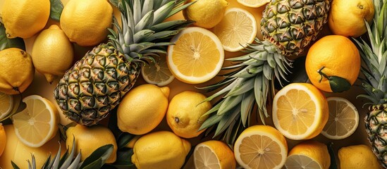 Wall Mural - Fresh pineapples and lemons creating a seamless food background with copy space image