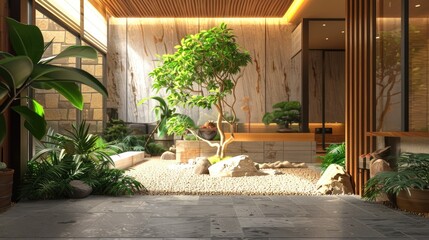 Sticker - Detailed interior or landscape design with a wooden mix and optional indoor or outdoor plants.