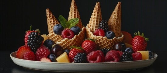 Poster - Waffle cones topped with fruit arranged on a ceramic plate against a black backdrop with copy space image