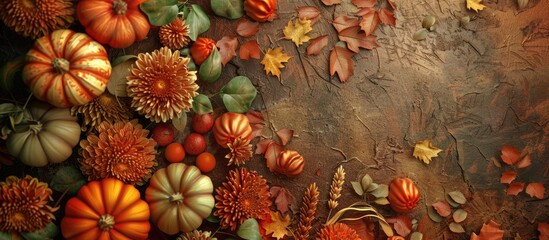 Wall Mural - Top down view of an autumn themed arrangement with pumpkins fallen leaves and chrysanthemums creating a fall harvest vibe with space for text or other images. Copy space image