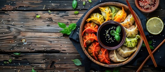 Sticker - Wooden background with a bowl of colorful dumplings accompanied by soy sauce cabbage and chopsticks leaving room for text in the copy space image