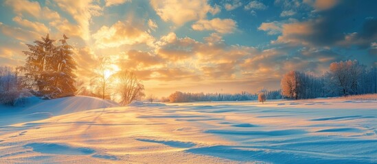 Wall Mural - Scenic winter sunset with long shadows and clouds in golden light Tranquil nature background with space for text. Copy space image. Place for adding text and design