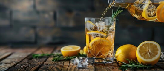 Poster - Summer themed drink featuring ice lemons and rosemary on a rustic wooden table being poured from a decanter into a glass with a copy space image