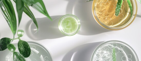 Sticker - Bio research theme with Petri dishes aloe cosmetic gels on white backdrop providing room for text in image Combines biochemistry and organic skincare in concept. Copy space image