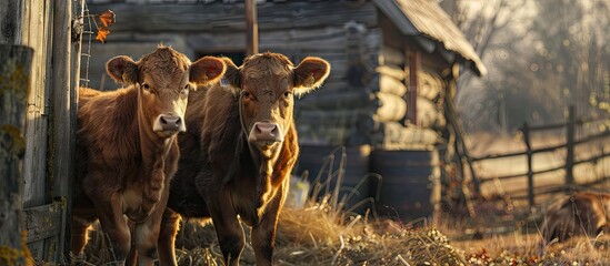 Poster - Cows with brown fur on a farm showcasing a rustic setting with a copy space image