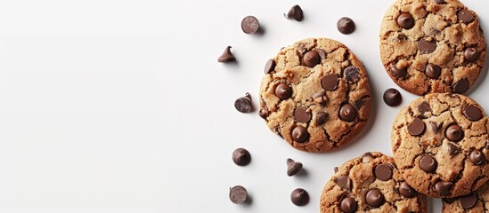 Poster - Tasty chocolate chip cookies displayed on a white backdrop perfect for a copy space image