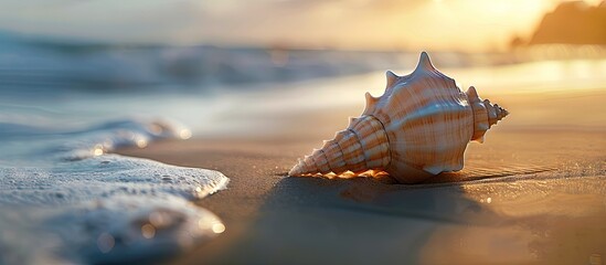 Poster - Selective focus creates a blurred background emphasizing a conch shell on the sandy beach in the center of the copy space image