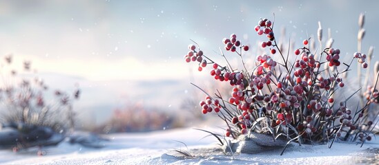 Poster - Wild berries thrive in the harsh conditions of the tundra creating a picturesque scene with abundant fruits set against a backdrop of snowy landscapes in a copy space image