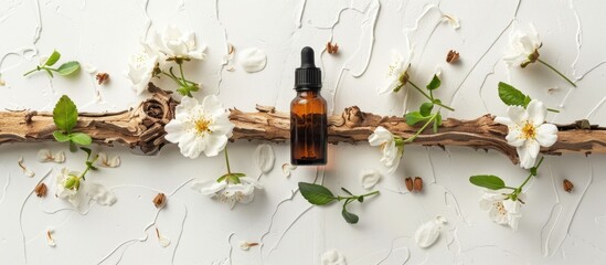 Poster - Jasmine essential oil tree bark and blossoms displayed on a white surface in a flat lay arrangement suitable for a hair treatment copy space image