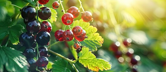 Poster - Close up of black currant berries ripening in a garden with ample copy space image