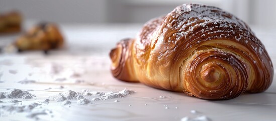 Wall Mural - Brighten your recipe article or commercial use with a pan au chocolat pastry displayed on a white table creating an ideal copy space image