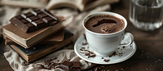 Sticker - A cup of hot chocolate is displayed on a saucer next to a glass of water with a stack of books and chocolate shavings close by in a copy space image