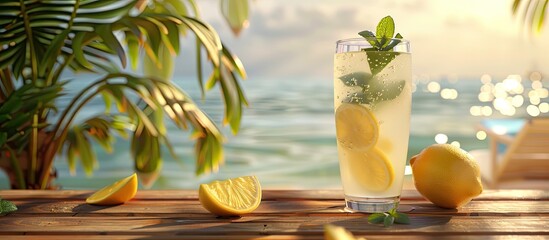 Sticker - A refreshing glass of lemonade with mint and lemon placed on a wooden table perfect for showcasing drinks food and products with a beach bar restaurant ambiance in the background Ideal for copy space