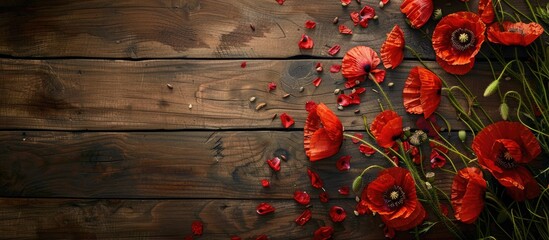 Poster - Wooden background adorned with poppy flowers and seeds providing a beautiful copy space image