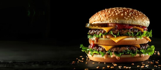 Sticker - Double patty and cheese homemade burger on a black backdrop with copy space image