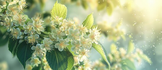 Poster - Close up of summer linden blossom with light green flowers against a copy space image