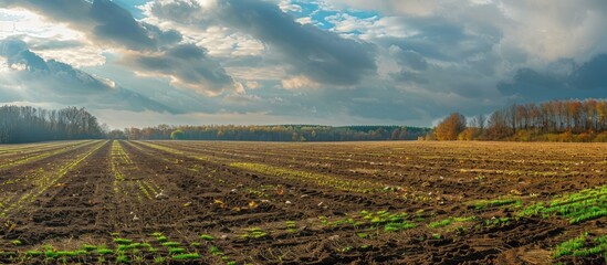 Poster - autumn landscape with agricultural fields showcasing grass and soil under a cloudy sky perfect for a