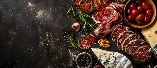 Poster - An image with a closeup of sliced meat cheese dried bread and sauces perfect for showcasing on a menu with copy space for text