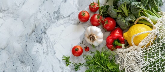 Sticker - Fresh produce arranged on a white marble surface in a net bag perfect for vegan food delivery with copy space image in flat lay style