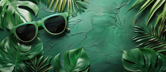 Wall Mural - Green sunglasses on tropical leaves against a green backdrop with room for your text in the copy space image