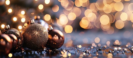 Poster - Festive Christmas decorations with a background of sparkling bokeh lights in a copy space image