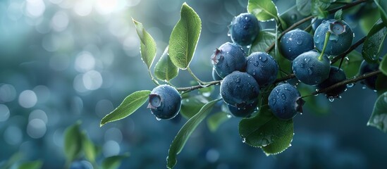 Poster - A branch in a garden with blueberries displayed with copy space image available