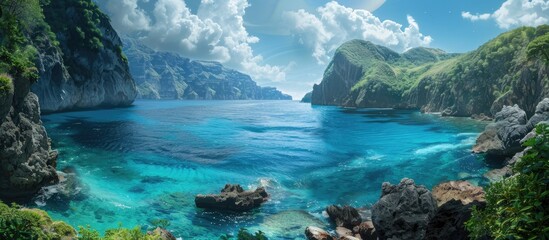 Poster - Scenic coastal bay with a view of the ocean and copy space image