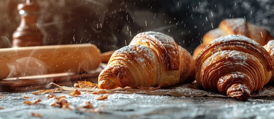 Aufkleber - The handmade croissant preparation process featuring raw croissants and a rolling pin on a table with flour ideal for a copy space image