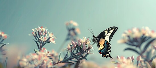 Poster - Swallowtail butterfly Iphiclides podalirius with elegant wings feeding on a wild flower in a stunning copy space image