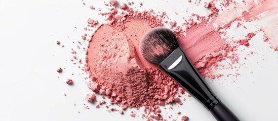 An arrangement of light beige powder a makeup brush and pink blush on a white background with copy space image