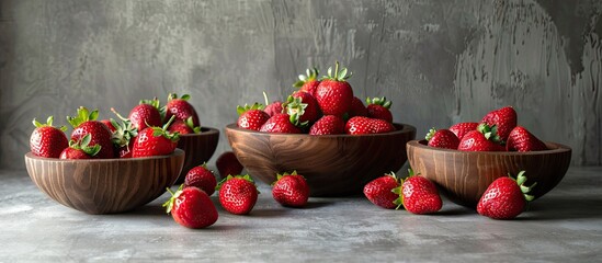 Poster - Strawberry filled bowls presented on a grey tabletop with ample copy space image provided