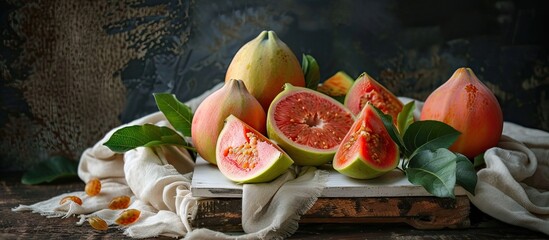 Poster - Guava fruit and slices arranged on a white board with a rustic fabric in the background 16 characters including spaces. . image with copy space
